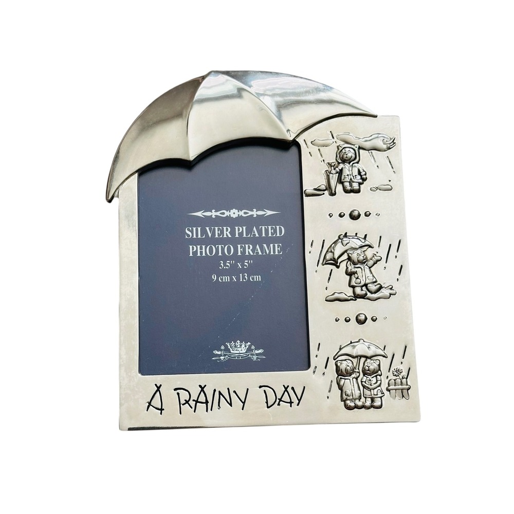 Cottagecore Silver Plated A Rainy Day Teddy Bear Photo Frame 3.5x5 Nursery
